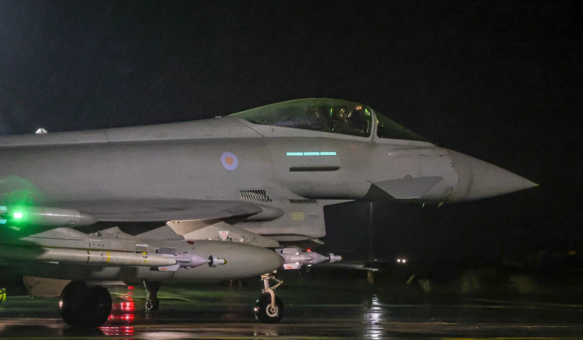 In this image provided by the UK Ministry of Defence, a Royal Air Force Typhoon FGR4 takes off to carry out air strikes against Houthi military targets in Yemen, from RAF Akrotiri, Cyprus, Monday, Jan. 22, 2024. (AFP)