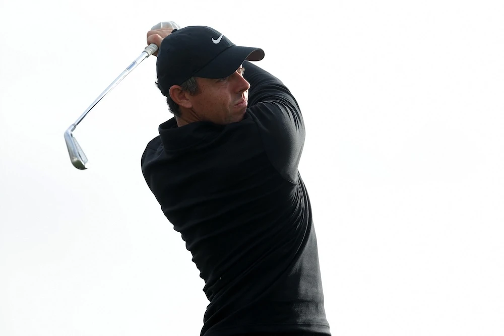 Rory McIlroy of Northern Ireland hits a tee shot on the 17th hole during a practice round prior to the Texas Children’s Houston Open 2025 at Memorial Park Golf Course on Wednesday in Houston, Texas. (Getty Images via AFP)