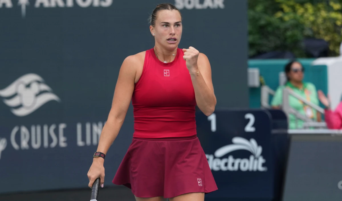 Aryna Sabalenka reacts to a point against Jasmine Paolini of Italy during the Miami Open tennis tournament, Thursday, March 27, 2025, in Miami Gardens, Fla. (AP)