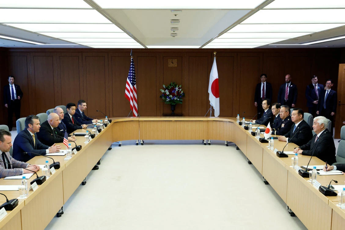 Pete Hegseth, US secretary of defense, and Gen Nakatani, Japan’s defense minister, meet at the Ministry of Defense in Tokyo, Japan, on Sunday, March 30, 2025. (REUTERS)