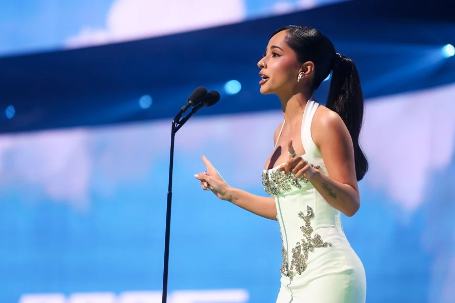 US singer-actress Becky G opted for an all-white dress from Murad’s pre-Fall 2025 collection at the 2025 Billboard Women In Music event, held at the YouTube Theater in Los Angeles. (Getty Images)
