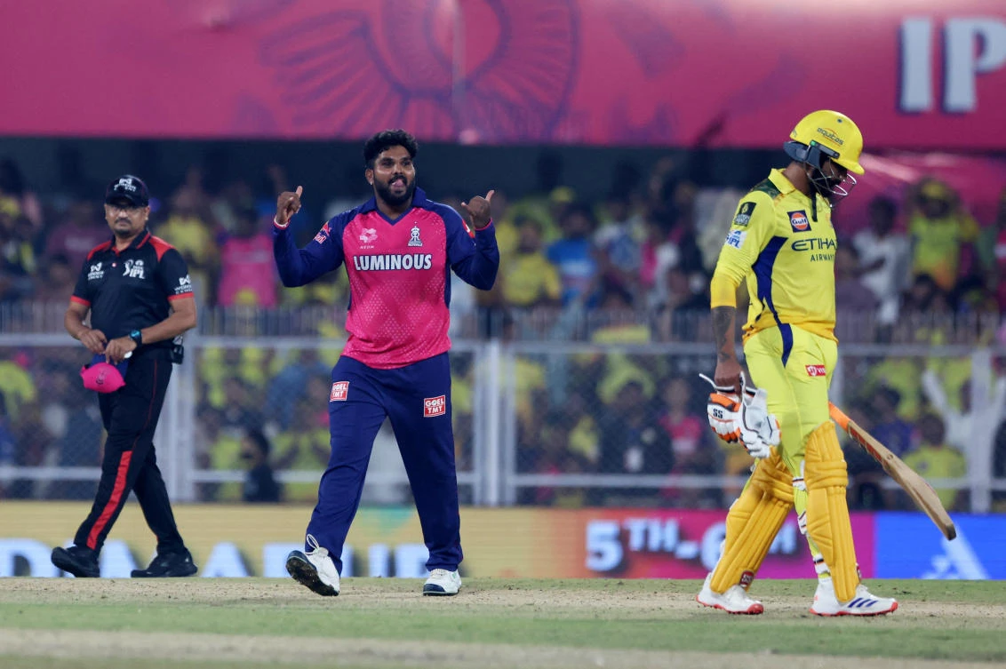 Rajasthan Royals’ Wanindu Hasaranga celebrates after taking the wicket of Chennai Super Kings’ Ruturaj Gaikwad. (Reuters)