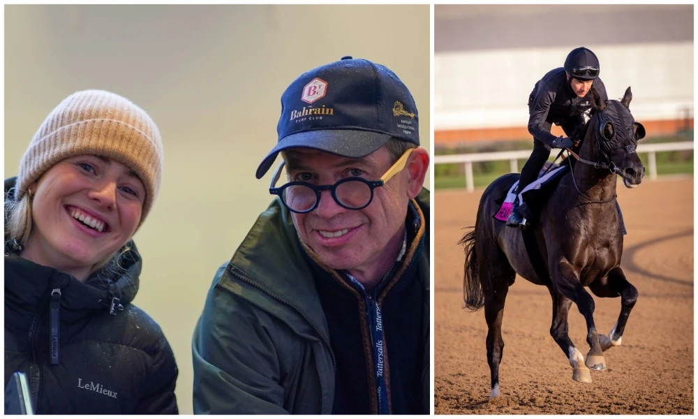Jamie Osborne with daughter Saffie (L), who will partner up with Heart Of Honor (R) in the UAE Derby. (Supplied/Tattersalls/Racing Dubai)
