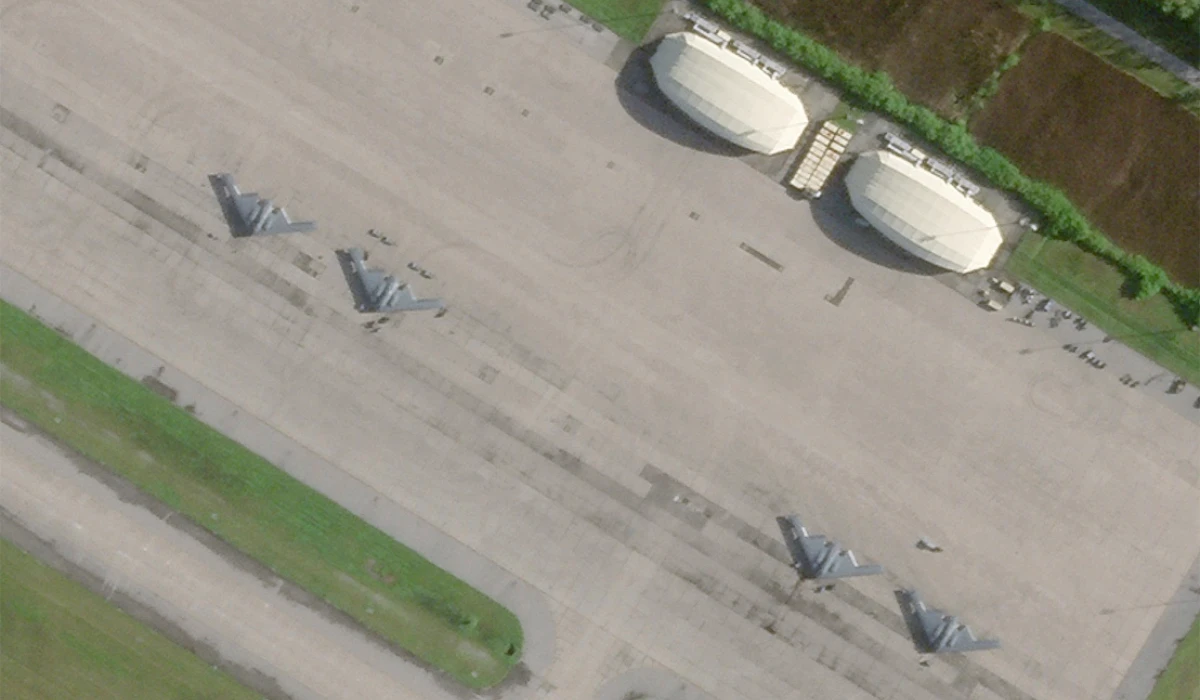 This satellite photo from Planet Labs PBC shows four B-2 stealth bombers parked at Camp Thunder Cove in Diego Garcia on Saturday, March 29, 2025, as a U.S. airstrike campaign continues against Yemen's Houthi rebels. (AP)
