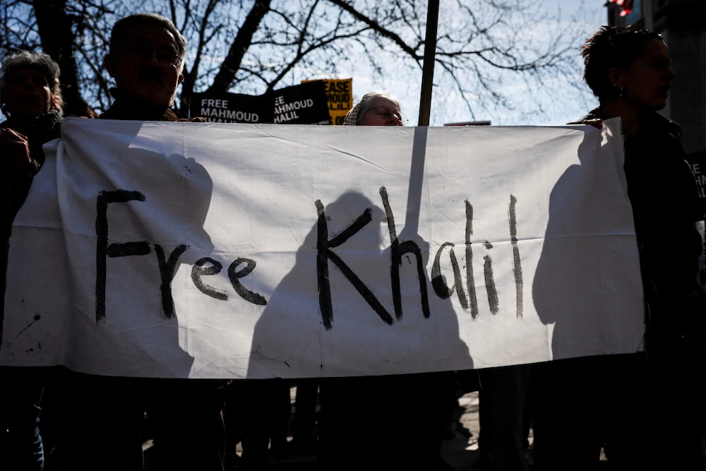 Demonstrators gather at hearing on detention of Palestinian activist, Columbia University student Mahmoud Khalil. (Reuters)