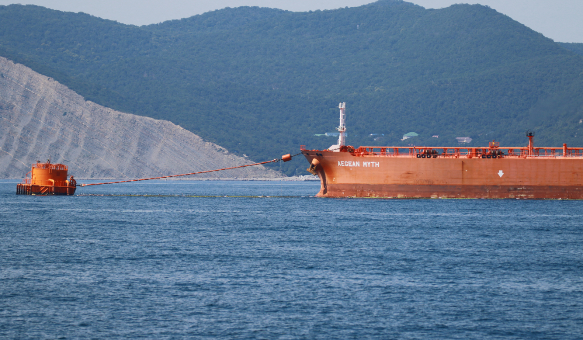 The crude oil tanker Aegean Myth is moored to a single point mooring near the Black Sea port of Novorossiysk, Russia. (REUTERS)