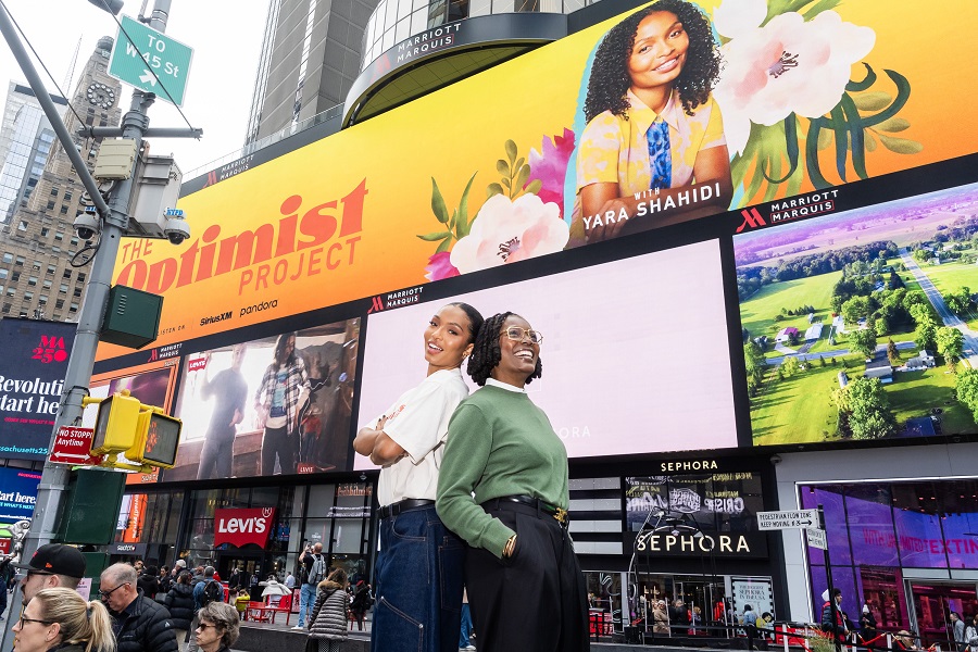 Yara Hadidi (L) and Keri Shahidi promote their new podcast 'The Optimist Project' in Time Square on November 20, 2024 in New York City. (Getty Images)