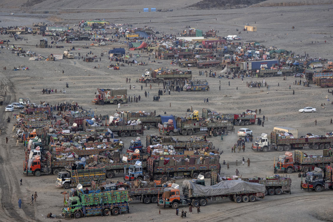 Above, an Afghan refugee camp near the Torkham Pakistan-Afghanistan border in Torkham, Afghanistan on Nov. 3, 2023. The UN says nearly three million Afghans live in Pakistan, many having fled there over decades of war in their country. (AP)