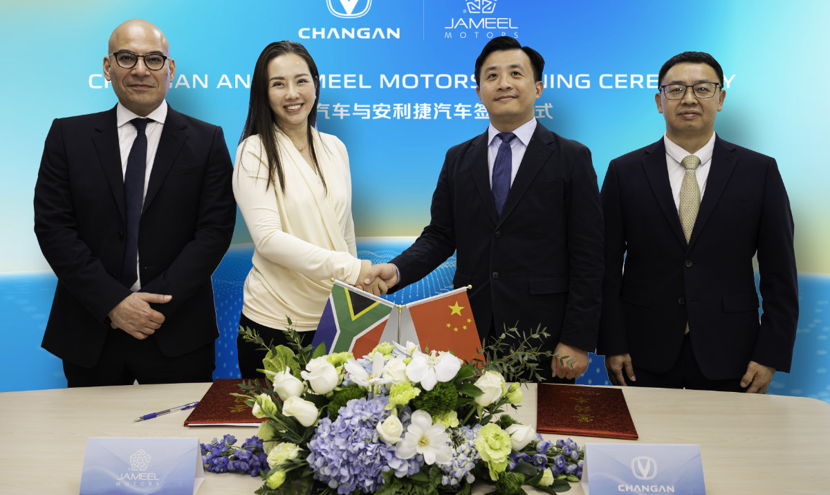 From left, Fady Jameel, vice chairman, international, Abdul Latif Jameel; Jasmmine Wong, CEO — mobility, Abdul Latif Jameel; Yin Tong, deputy general manager, MEA, Changan; and XIAO Feng, GM, Changan MEA.