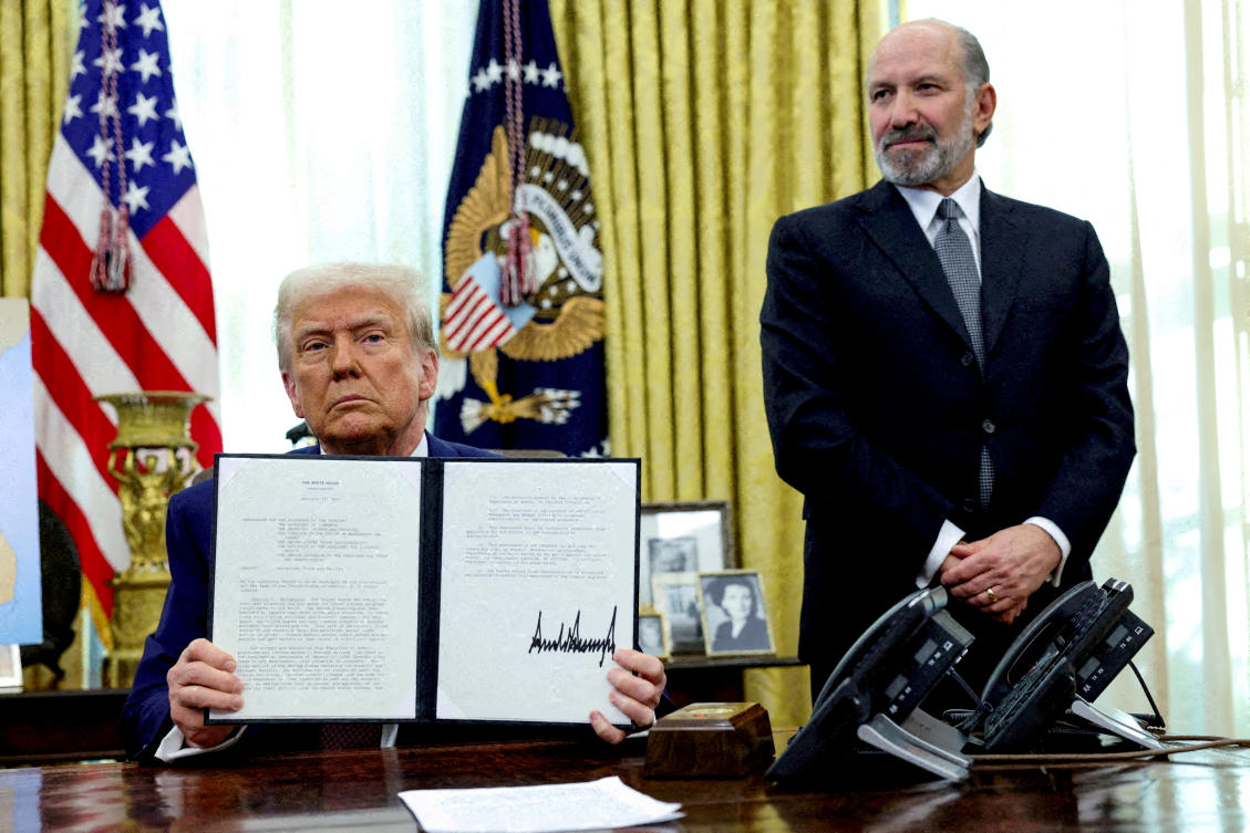 US President Donald Trump holds an executive order about tariffs increase at the White House in Washington, D.C. on Feb. 13, 2025. Economists warn Trump’s hefty tariffs would raise prices at home and abroad and hammer the global economy. (Reuters)
