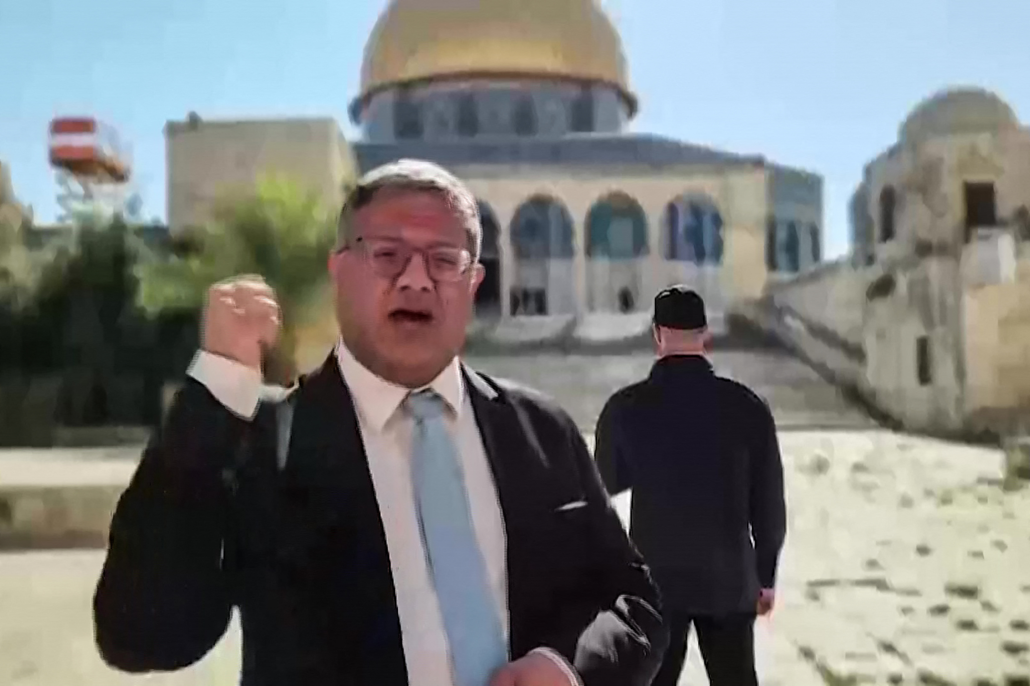 Israel's National Security Minister Itamar Ben Gvir speaking at the Al-Aqsa mosque compound in Jerusalem, July 17, 2024. (Screengrab/AFP)