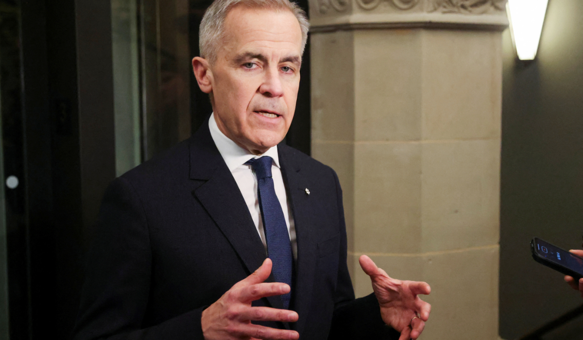 Canada's Prime Minister Mark Carney speaks to reporters as he arrives on Parliament Hill to attend a meeting of the cabinet committee on Canada-U.S. relations and national security in Ottawa, Ontario, Canada, April 2, 2025. (REUTERS)