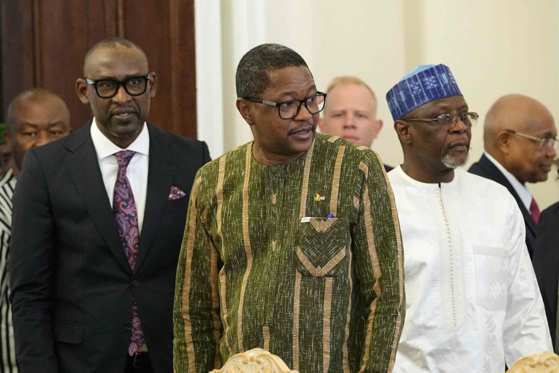 Mali's Foreign Minister Abdoulaye Diop, Burkina Faso Foreign Minister Karamoko Jean Marie Traore and Niger Foreign Minister Bakary Yaou Sangare in Moscow, Apr. 3, 2025. (AFP)