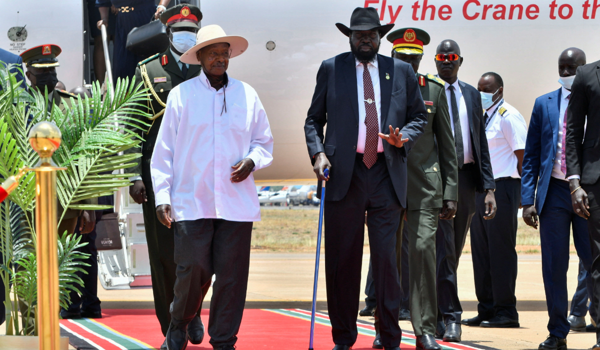 Uganda's President Yoweri Museveni walks with South Sudan's President Salva Kiir upon arriving at the Juba International Airport, ahead of meetings aimed at averting a new civil war after South Sudan's First Vice President Riek Machar was placed under house arrest in Juba, South Sudan April 3, 2025. (REUTERS)