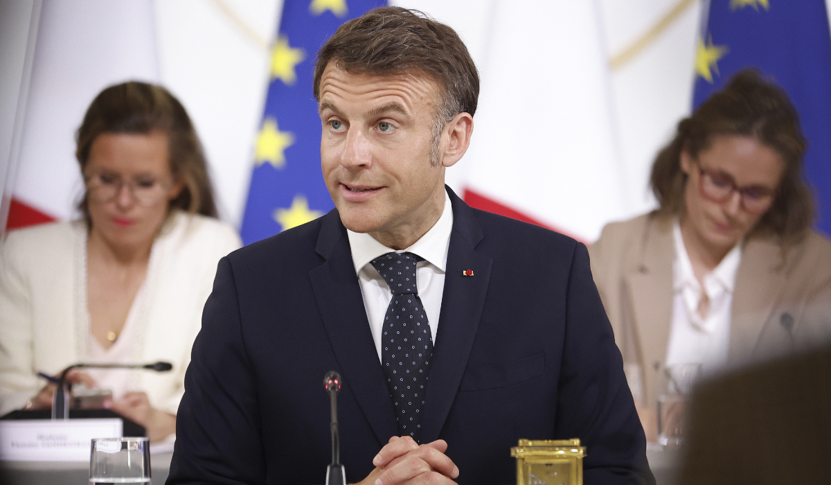 French President Emmanuel Macron chairs a meeting with representatives of the sectors affected by new tariffs announced by President Donald Trump, Thursday, April 3, 2025 at the Elysee Palace in Paris. (AP)