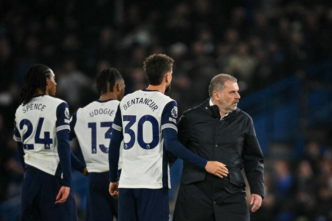 Tottenham Hotspur’s Greek-Australian Head Coach Ange Postecoglou reacts at the end of their English Premier League match against Chelsea at Stamford Bridge in London on Apr. 3, 2025. (AFP)
