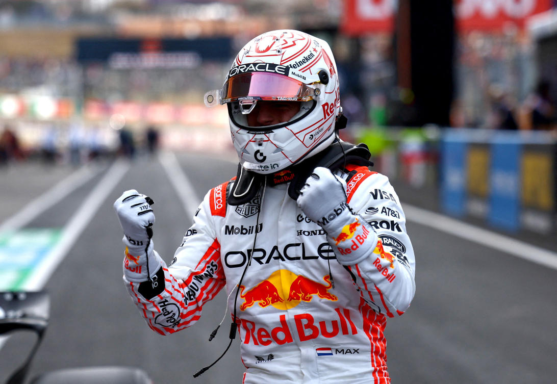 Red Bull's Max Verstappen celebrates after qualifying in pole position at Japanese Grand Prix at Suzuka Circuit, Suzuka, Japan - April 5, 2025. (Reuters)