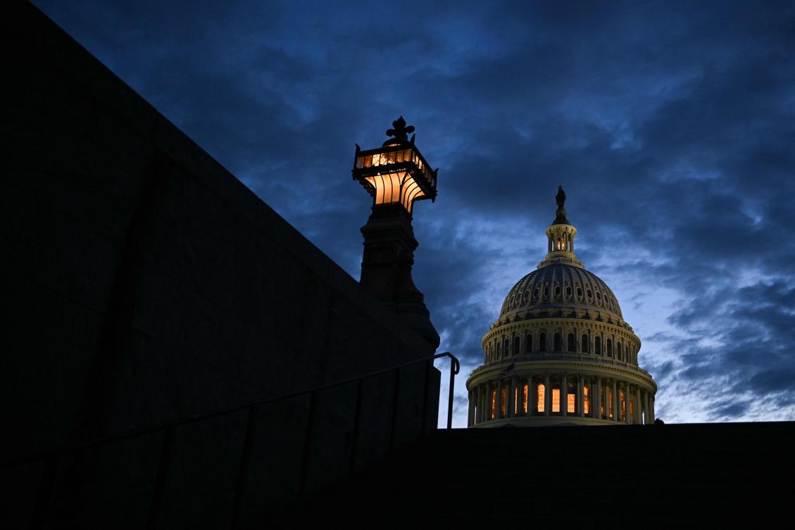 The US Capitol at dusk in Washington, DC, on April 4, 2025. Republican senators are working to pass a budget plan that will unlock trillions of dollars for US President Donald Trump's vision of significant spending and tax cuts. (AFP)