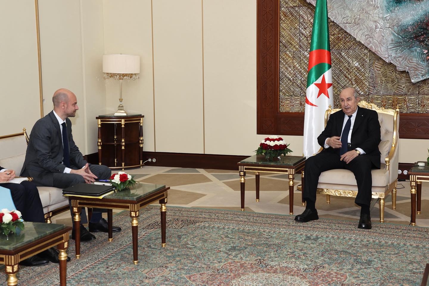 A handout picture released by the Algerian Presidency Facebook page, shows Algeria's President Abdelmadjid Tebboune (R) meeting with France's Foreign Minister Jean-Noel Barrot in Algiers on April 6, 2025. (AFP via Algerian Presidency Facebook page)