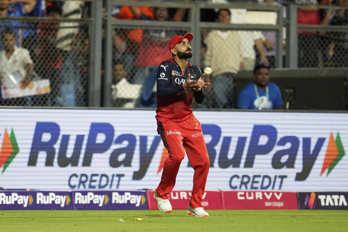 Royal Challengers Bengaluru’s Virat Kohli catches out Mumbai Indians’ Will Jacks during the Indian Premier League match at Wankhede Stadium in Mumbai, India, Monday, April 7, 2025. (AP Photo)