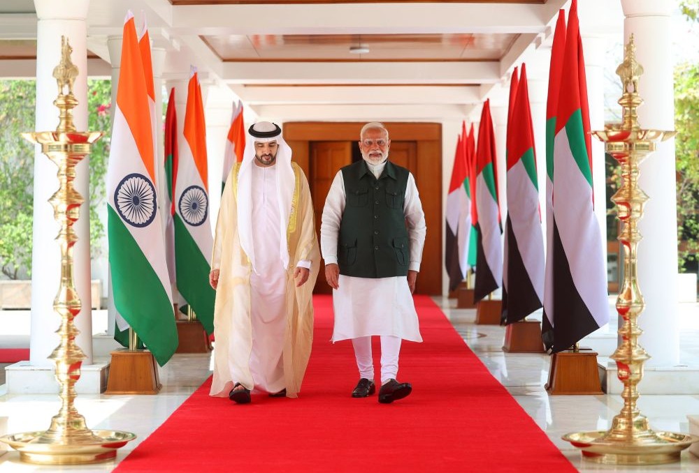 The crown prince of Dubai, Sheikh Hamdan bin Mohammed bin Rashid Al-Maktoum, walks with Indian Prime Minister Narendra Modi as they meet in New Delhi on April 8, 2025. (Prime Minister’s Office)