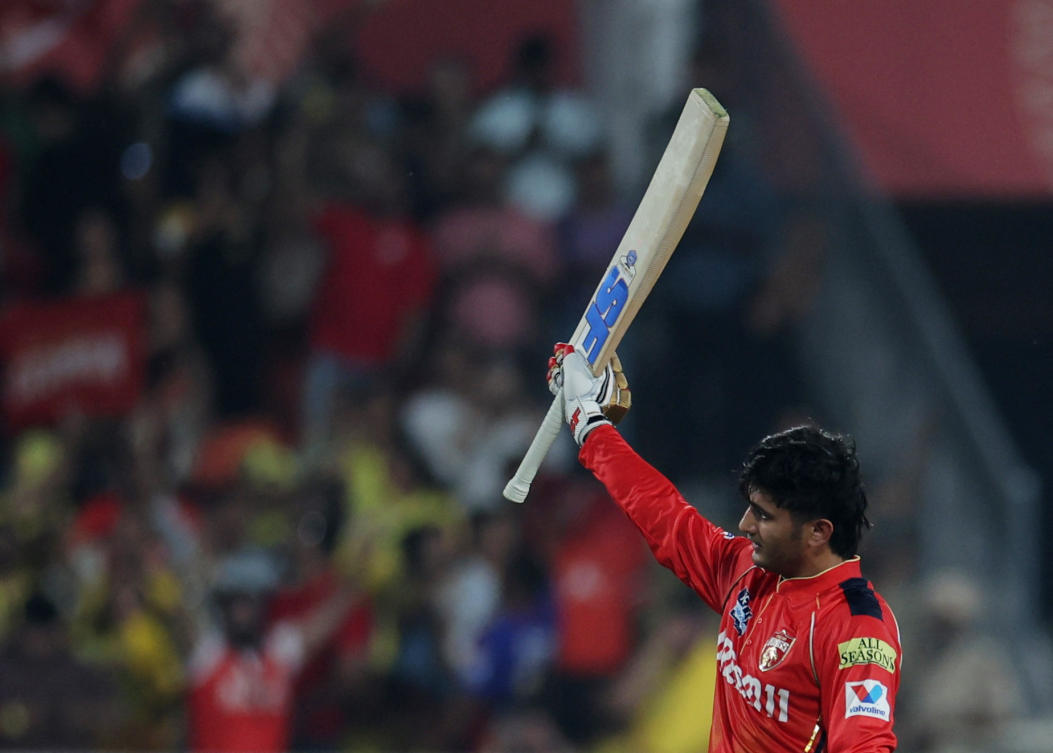 Punjab Kings’ Priyansh Arya celebrates after reaching his century. (Reuters)