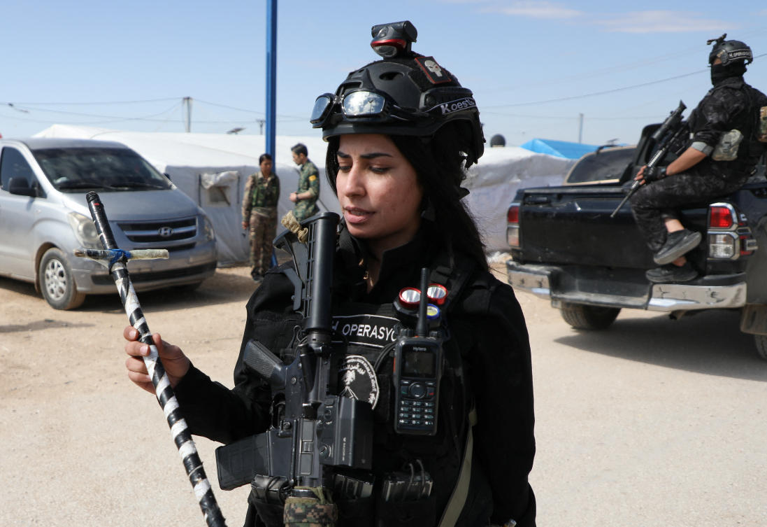 Kurdish-led Syrian Democratic Forces (SDF) conduct a security operation in Al-Roj camp, Syria, Apr. 6, 2025. (Reuters)