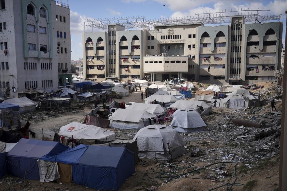 Tents for displaced Palestinians are set up at the Islamic University of Gaza compound amid the ongoing conflict in Gaza, Saturday, April 5, 2025. (AP)