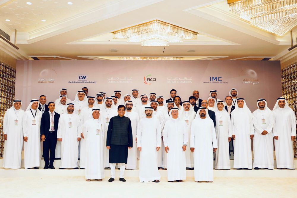 Indian Commerce Minister Piyush Goyal and Sheikh Hamdan bin Mohammed bin Rashid Al-Maktoum take part in the Dubai-India Business Forum in Mumbai, April 8, 2025. (Indian Ministry of Commerce)