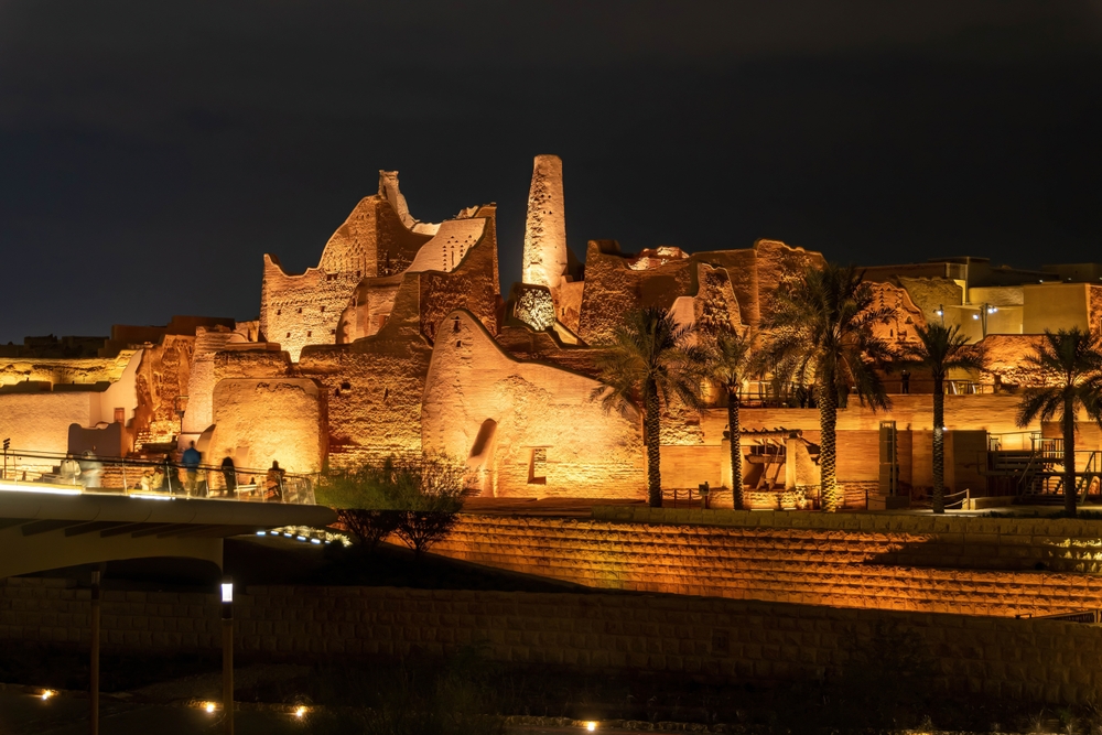 Salwa Palace at At-Turaif UNESCO World Heritage site illuminated at night, Diriyah, Saudi Arabia. Shutterstock