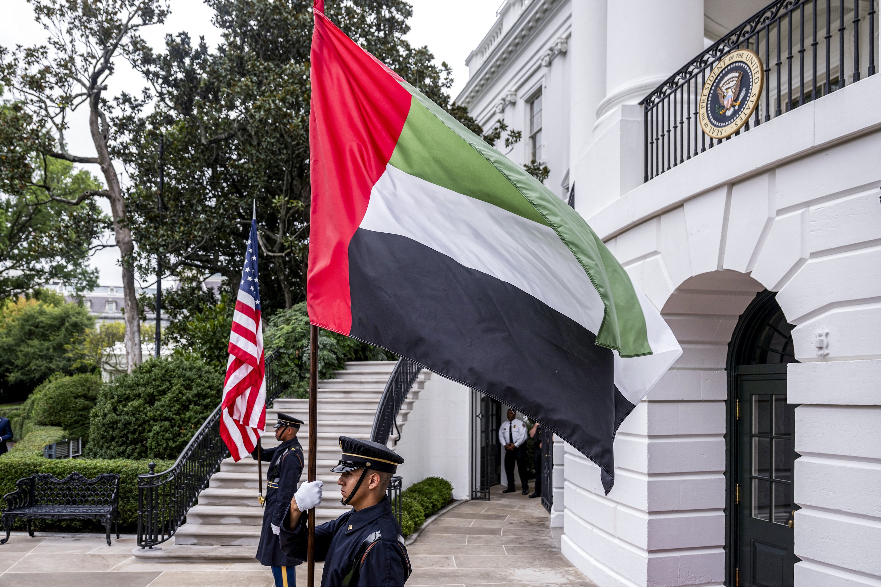 UAE flag flying near US flag at the White House during the reception ceremony for the UAE president in Washington, DC, Sep. 23, 2024. (AFP)