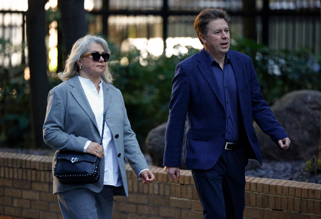 Former Russian government minister and former Mayor of Sevastopol, Dmitrii Ovsiannikov, and his wife Ekaterina Ovsiannikova arrive at Southwark Crown Court, in south London, Apr. 7, 2025. (AFP)