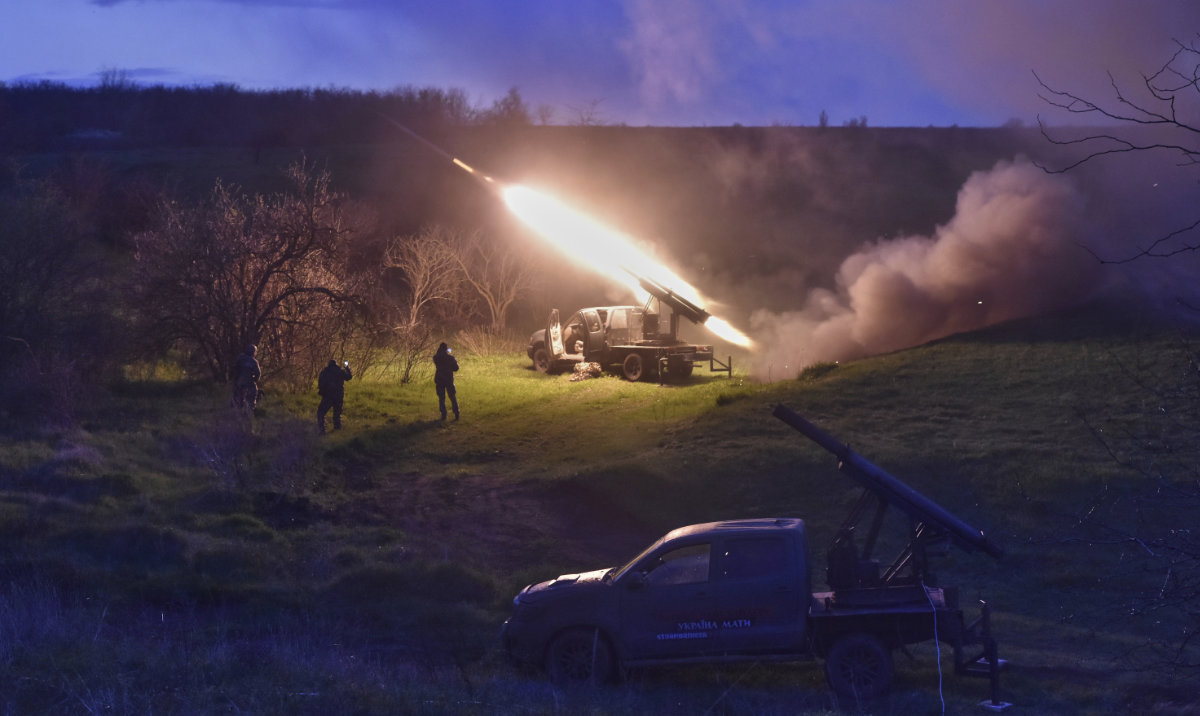 In this photo provided by Ukraine's 65th Mechanised Brigade press service, Ukrainian servicemen fire a multiple launch rocket system based on a pickup truck in the Zaporizhzhia region, Ukraine, Tuesday, April 8, 2025, (AP)