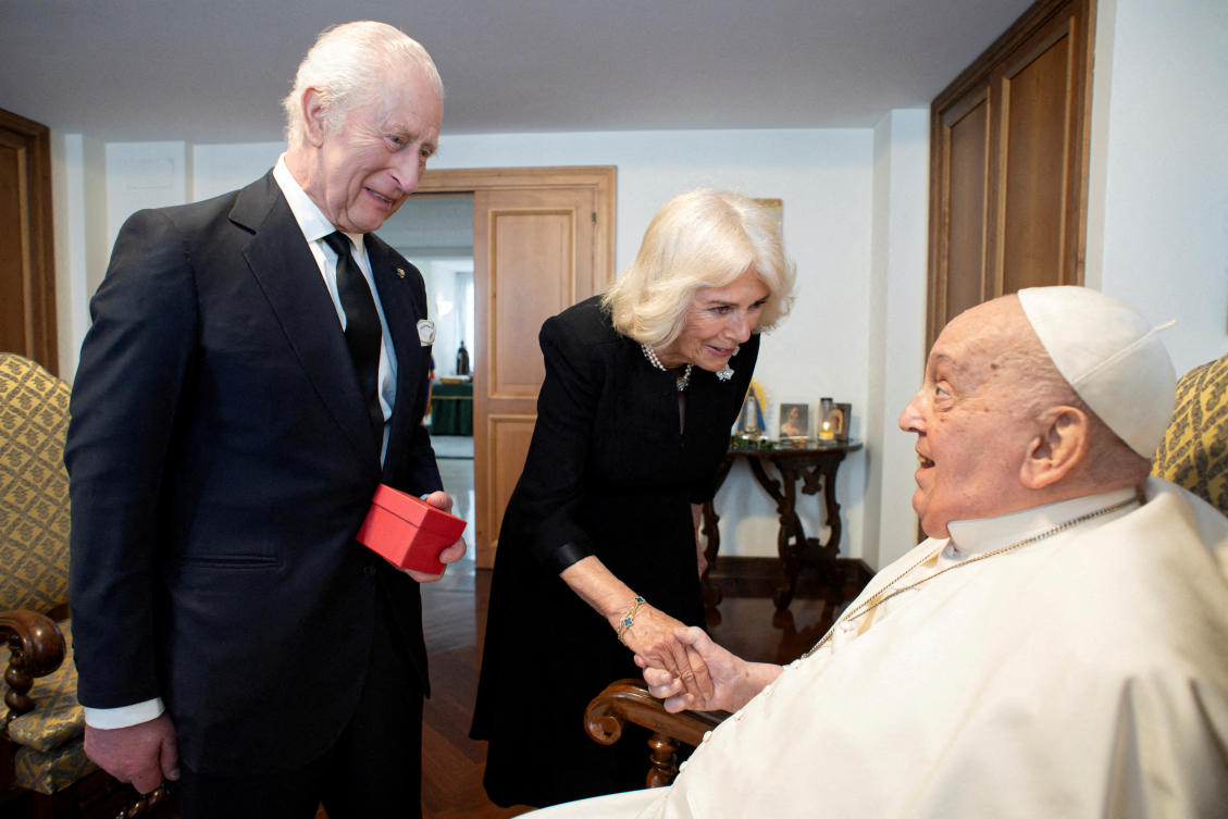 Pope Francis meets with Britain’s King Charles and Queen Camilla during a private audience at the Vatican on April 9, 2025. (Vatican Media via Reuters)