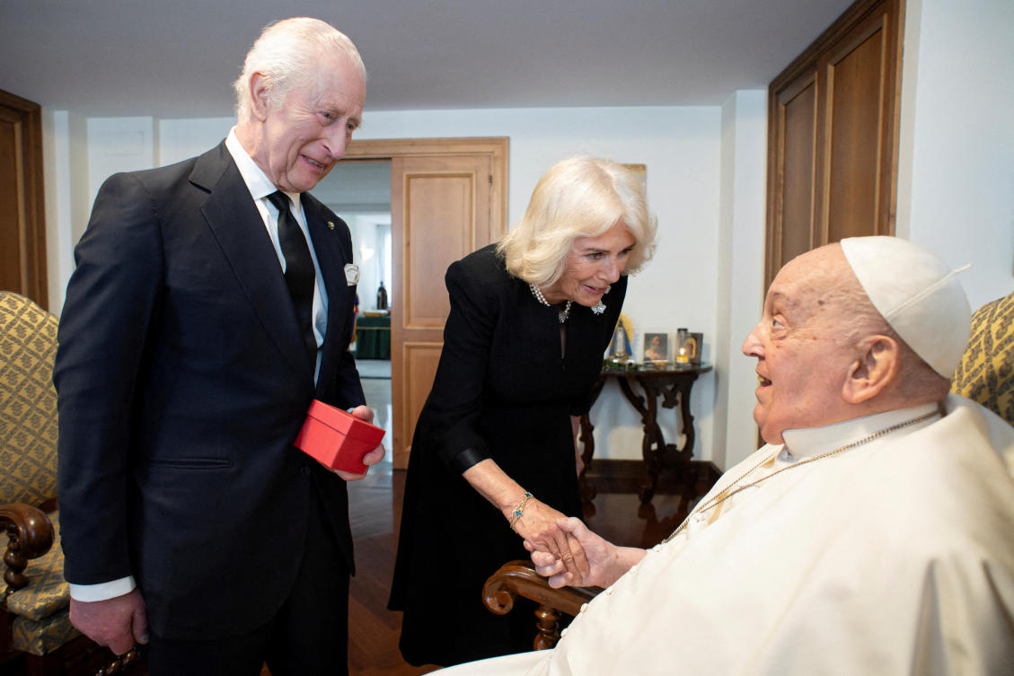 Pope Francis meets with Britain's King Charles and Queen Camilla during a private audience at the Vatican, Apr. 9, 2025. (AFP)