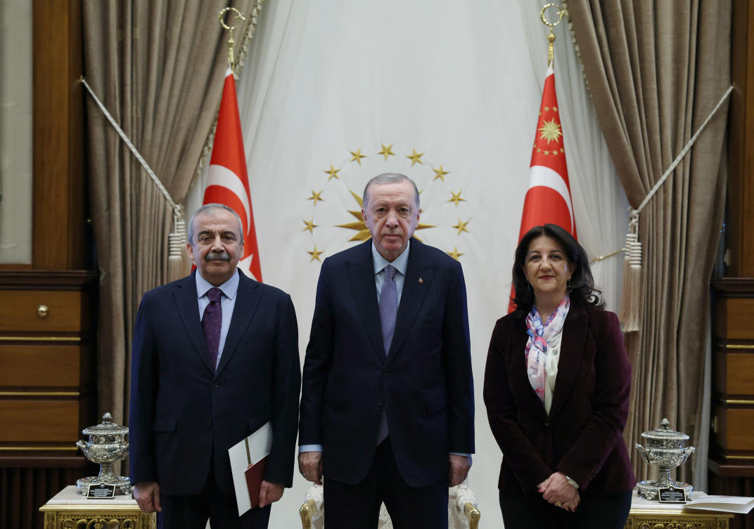 Turkiye’s President Tayyip Erdogan meets with pro-Kurdish DEM Party MPs Pervin Buldan and Sirri Sureyya Onder in Ankara, Apr. 10, 2025. (Murat Cetinmuhurdar/Reuters)