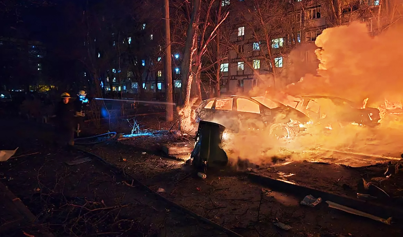 In this handout photograph taken and released by the Ukrainian Emergency Service on April 9, 2025, Ukrainian rescuers working to extinguish a fire at the site of a drone attack in Dnipro. (AFP)