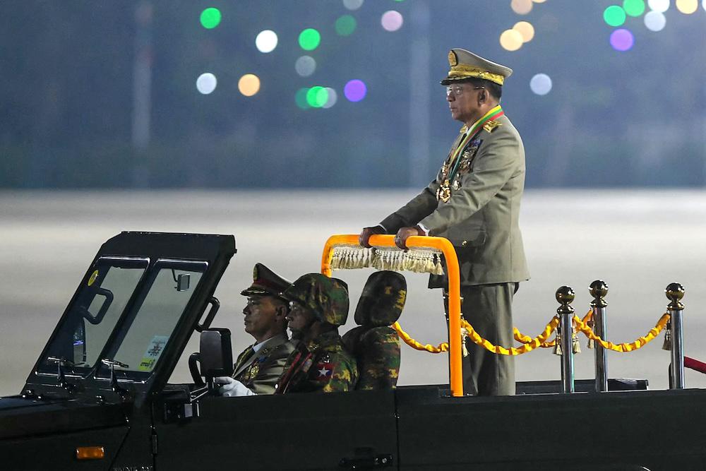 Myanmar’s military chief Min Aung Hlaing during a ceremony to mark the country’s Armed Forces Day in Naypyidaw on March 27, 2025. (AFP)