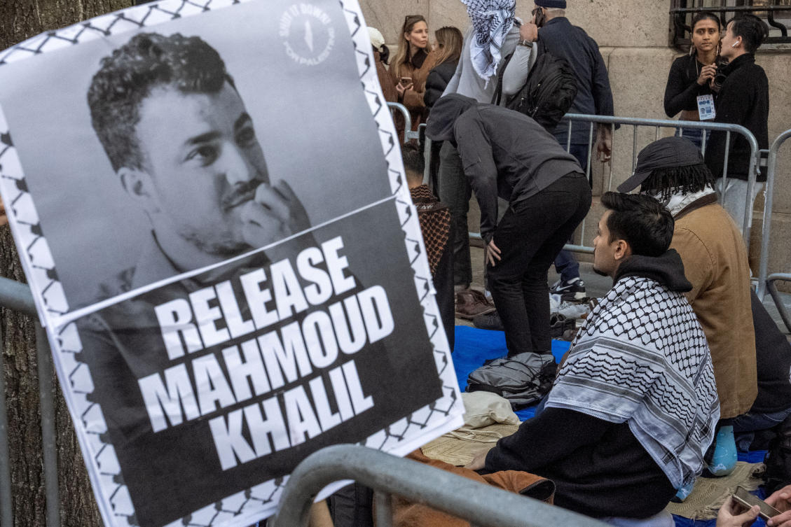 A demonstration at Columbia University last month against the immigration arrest of Mahmoud Khalil, a pro-Palestinian activist who helped lead protests against Israel at the university. (Reuters)