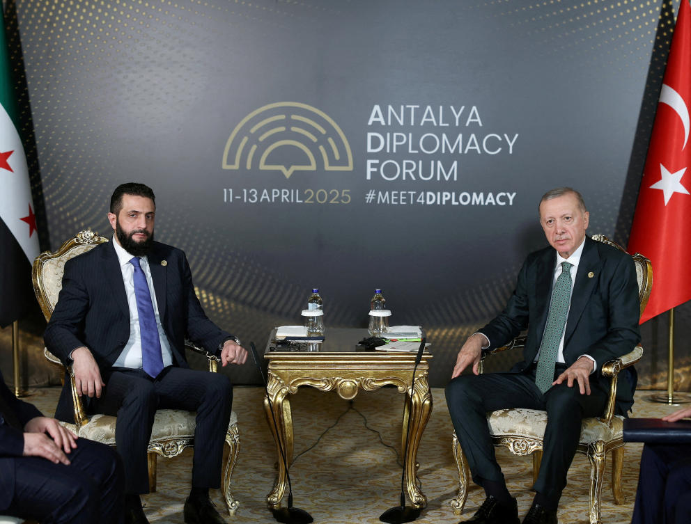 Turkey's President Tayyip Erdogan meets with Syria's interim President Ahmed al-Sharaa at Antalya Diplomacy Forum in Antalya, Turkey, April 11, 2025. (Reuters)