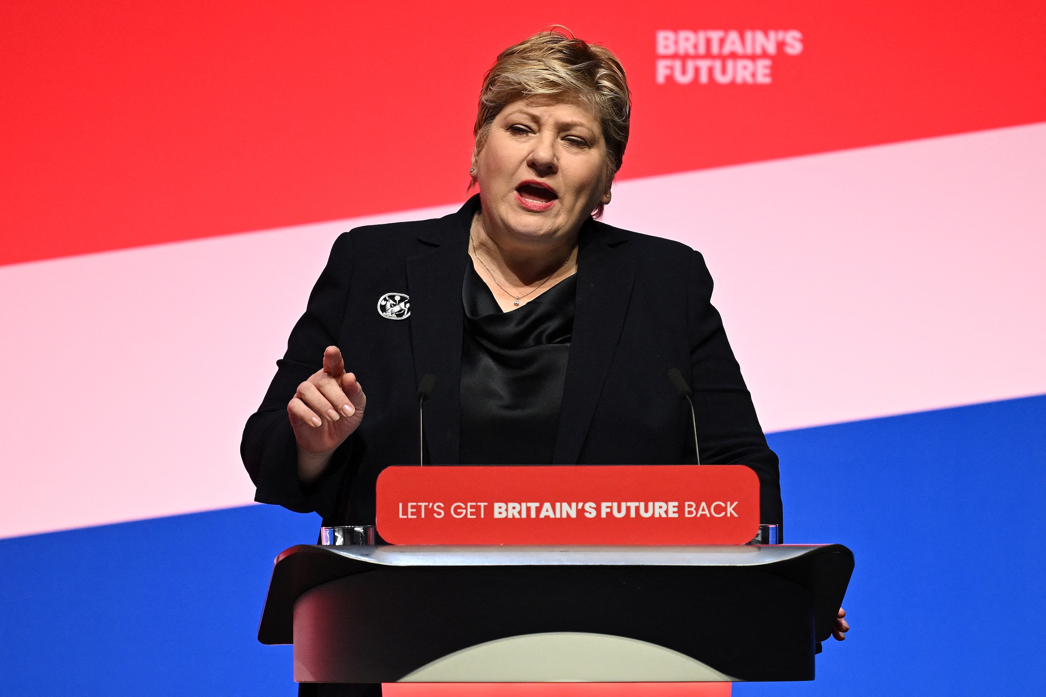 Member of UK Parliament Emily Thornberry speaks on the third day of the annual Labour Party conference in Liverpool, northwest England, Oct. 10, 2023. (AFP)