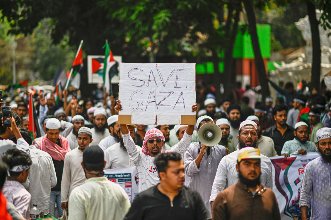 Protesters condemn Israel’s actions in the Gaza Strip, at a rally in Bangladesh’s capital Dhaka, Bangladesh, Saturday, April 12, 2025. (AP)