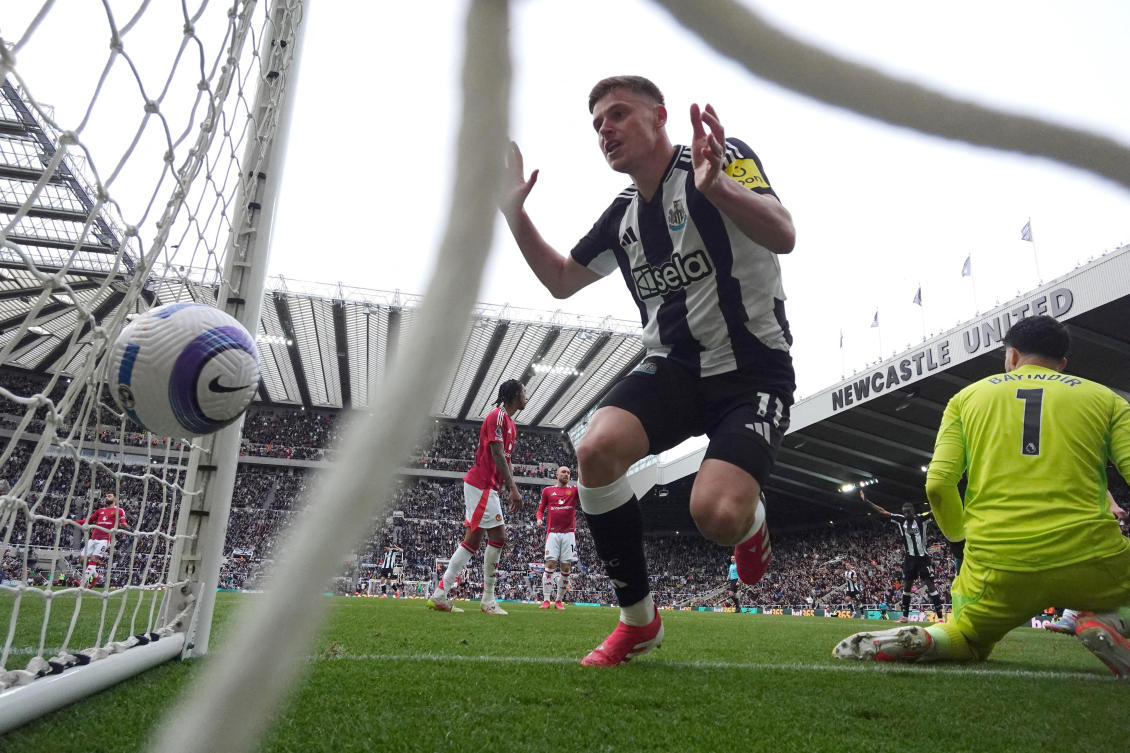 Newcastle United’s Harvey Barnes scores their second goal past Manchester United’s Altay Bayindir. (Action Images via Reuters)
