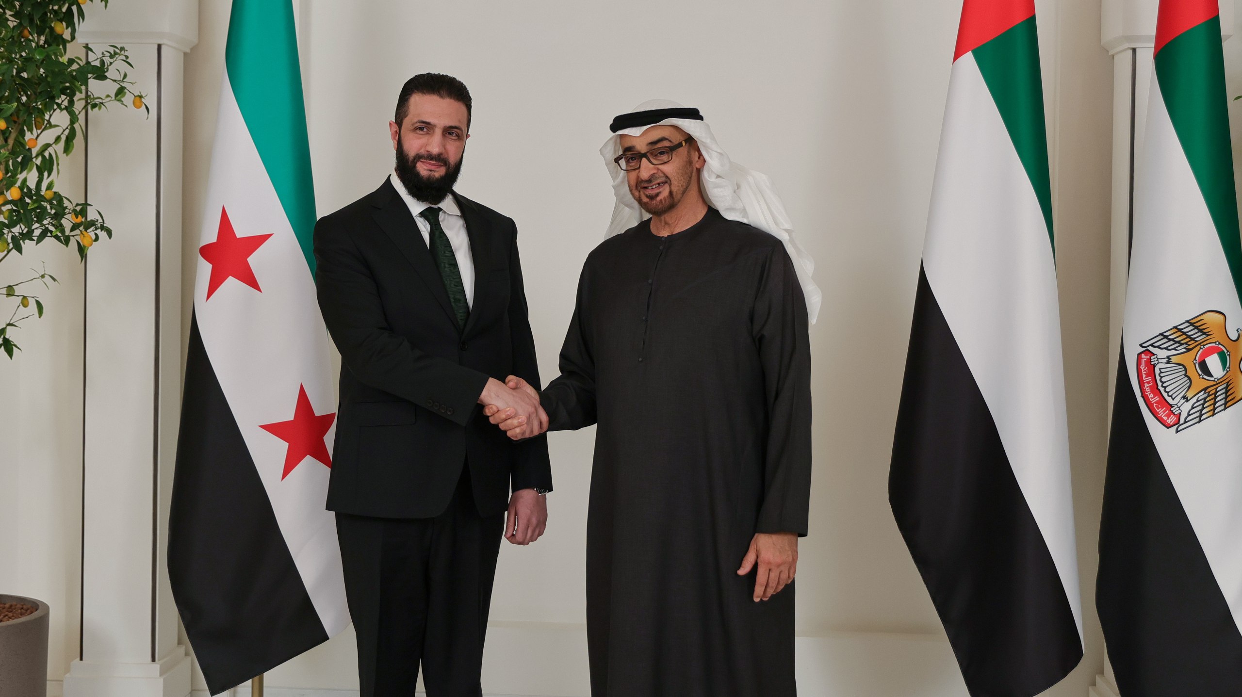 President Ahmed Al-Sharaa of the Syrian Arab Republic and UAE President Sheikh Mohamed bin Zayed Al-Nahyan in Abu Dhabi. (SANA)