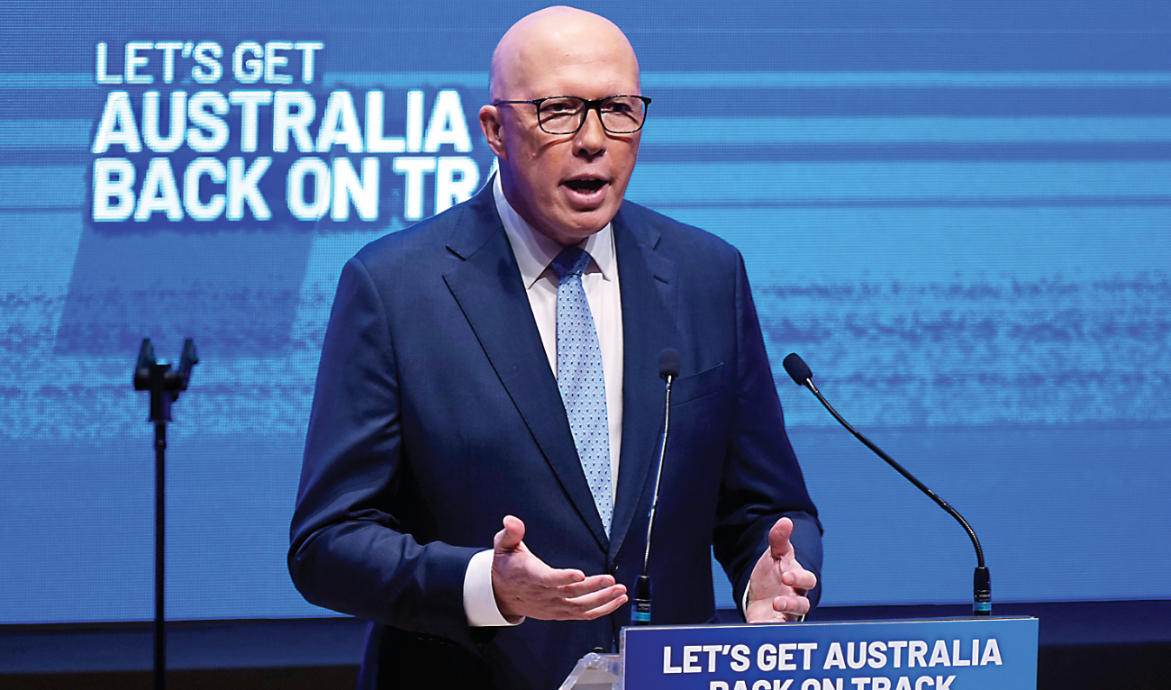 Australian Liberal Party and opposition leader Peter Dutton gestures as he speaks at his party’s coalition campaign on Sunday. (AP)