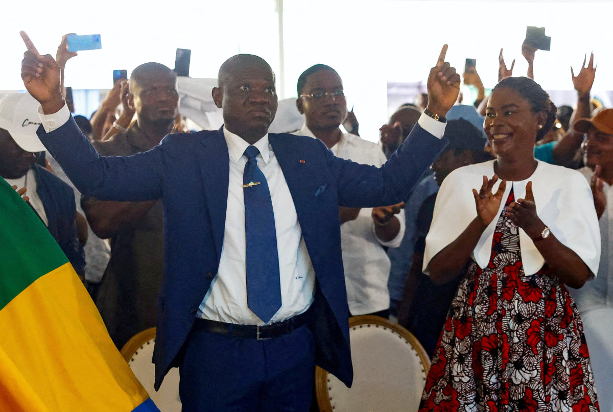 Gabon junta leader Brice Clotaire Oligui Nguema celebrates in Libreville, Gabon, after he was proclaimed winner in the country's presidential election on April 13, 2025. (Reuters)