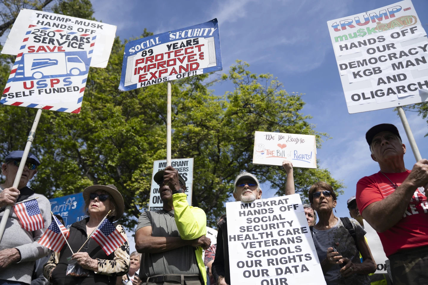 Demonstrators rally against President Trump and TESLA CEO Elon Musk in San Jose, California, as part of a day of action on April 5, 2025. (AP)