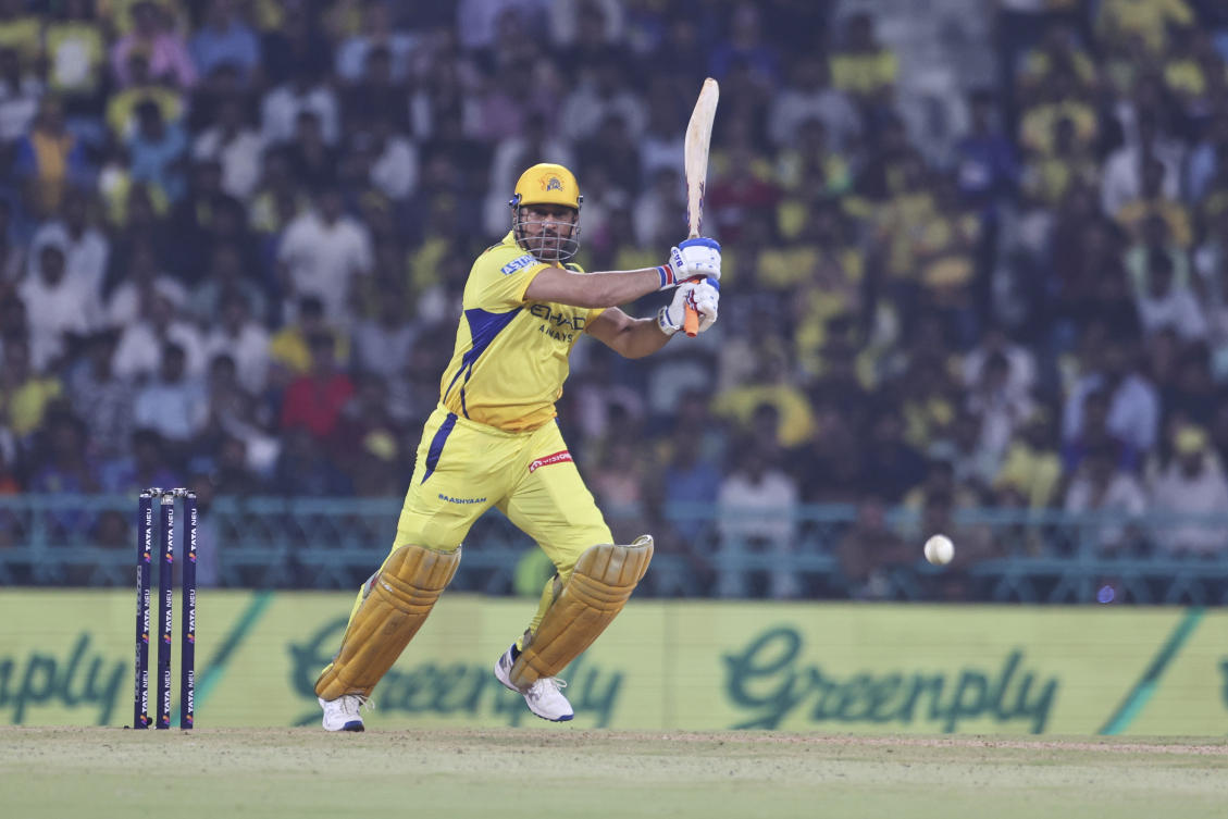 Chennai Super Kings’ Mahendra Singh Dhoni plays a shot during the IPL match against Lucknow Super Giants at Atal Bihari Vajpayee Ekana Cricket Stadium, Lucknow, India, Apr. 14, 2025. (AP Photo)