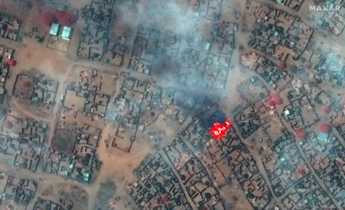 A satellite image shows smoke and fire in Zamzam Camp, which hosts displaced people, amid the ongoing conflict in the country, in North Darfur, Sudan, April 11, 2025. (Reuters)