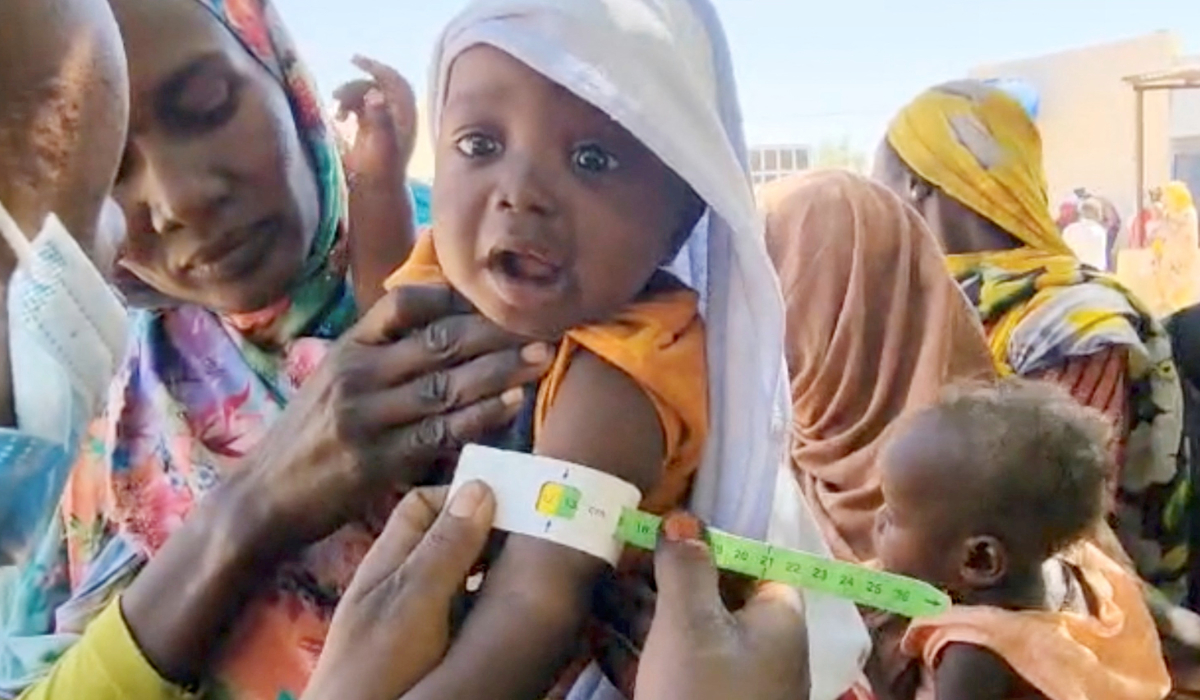 A child gets tested for malnutrition at World Food Program (WFP) camp at El Fasher, in Darfur, Sudan March 27, 2025, in this screengrab obtained from a video. (REUTERS)